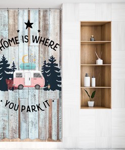 Rustic Camper RV and Forest Landscape Printed Waterproof Fabric Shower Curtain