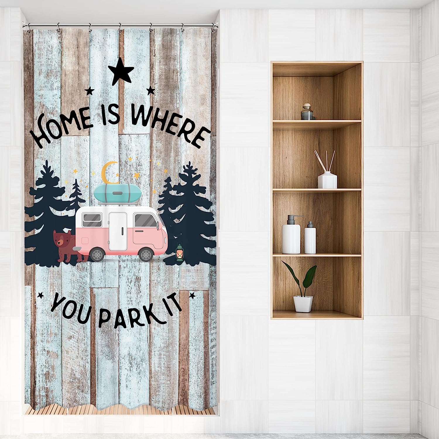 Rustic Camper RV and Forest Landscape Printed Waterproof Fabric Shower Curtain