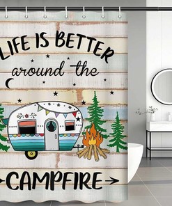 Rustic Camping Trees Vintage Shower Curtain for Camper Trailer