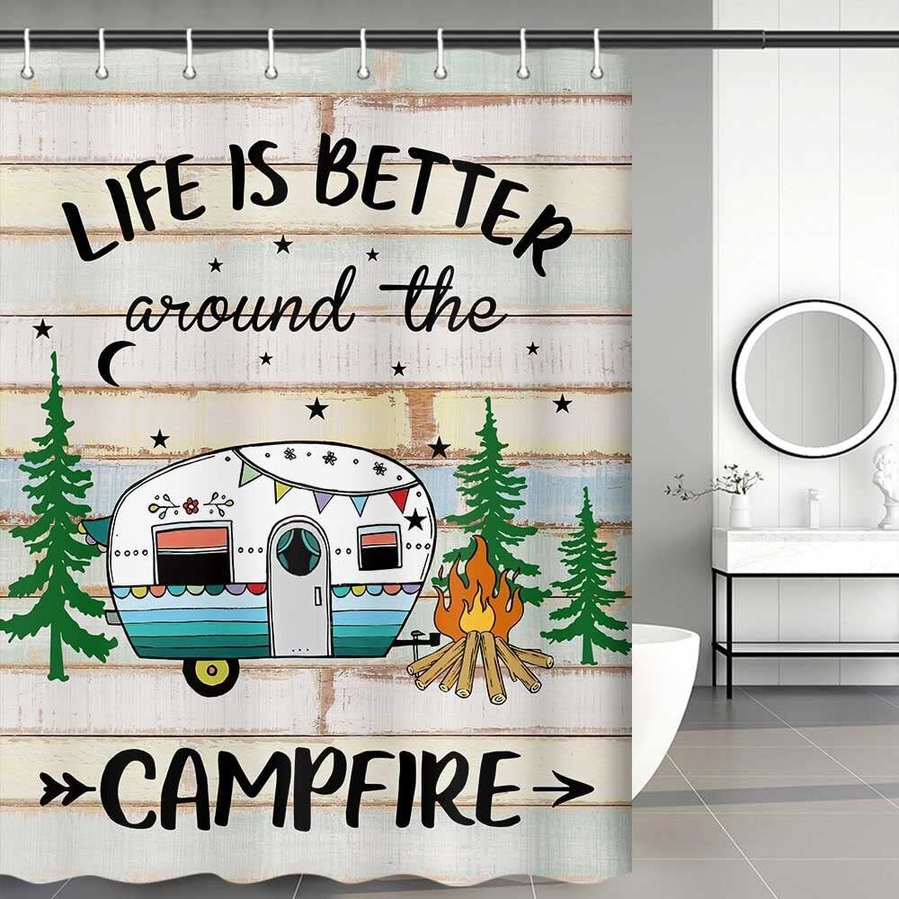 Rustic Camping Trees Vintage Shower Curtain for Camper Trailer