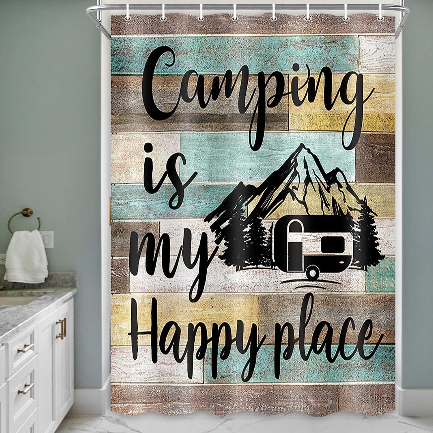 Rustic Camping Vintage Country Wooden Board Happy Camp Shower Curtain - Image 2