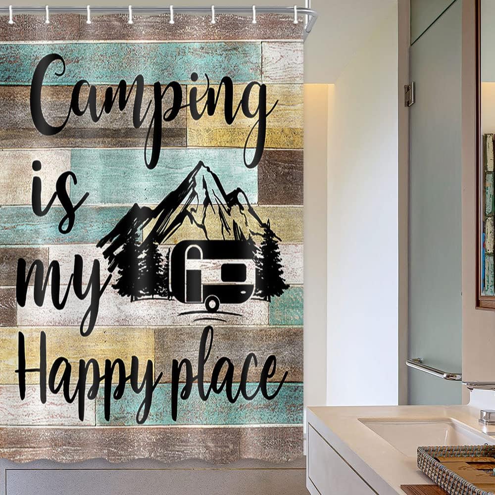 Rustic Camping Vintage Country Wooden Board Happy Camp Shower Curtain - Image 3