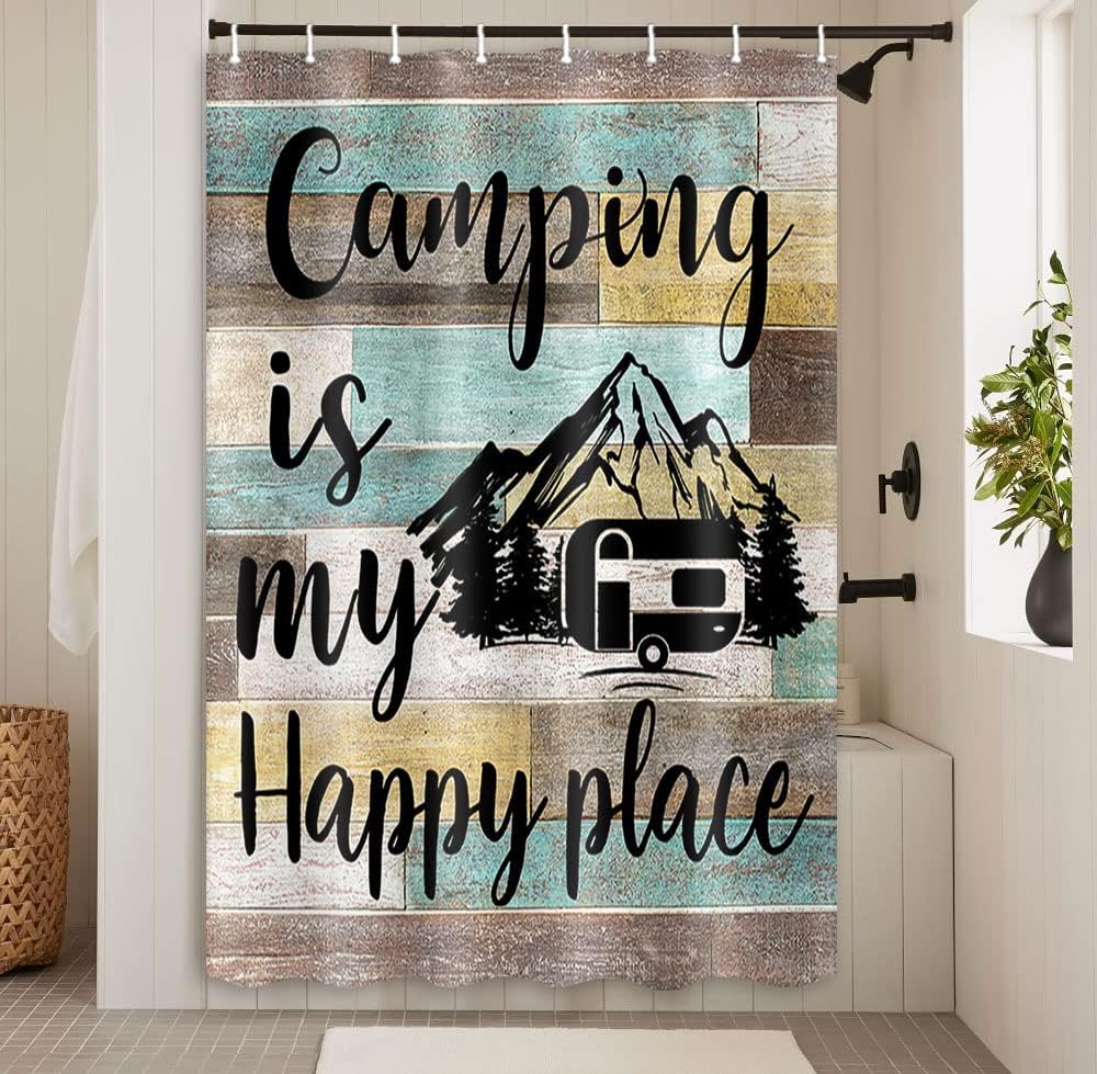 Rustic Camping Vintage Country Wooden Board Happy Camp Shower Curtain - Image 4