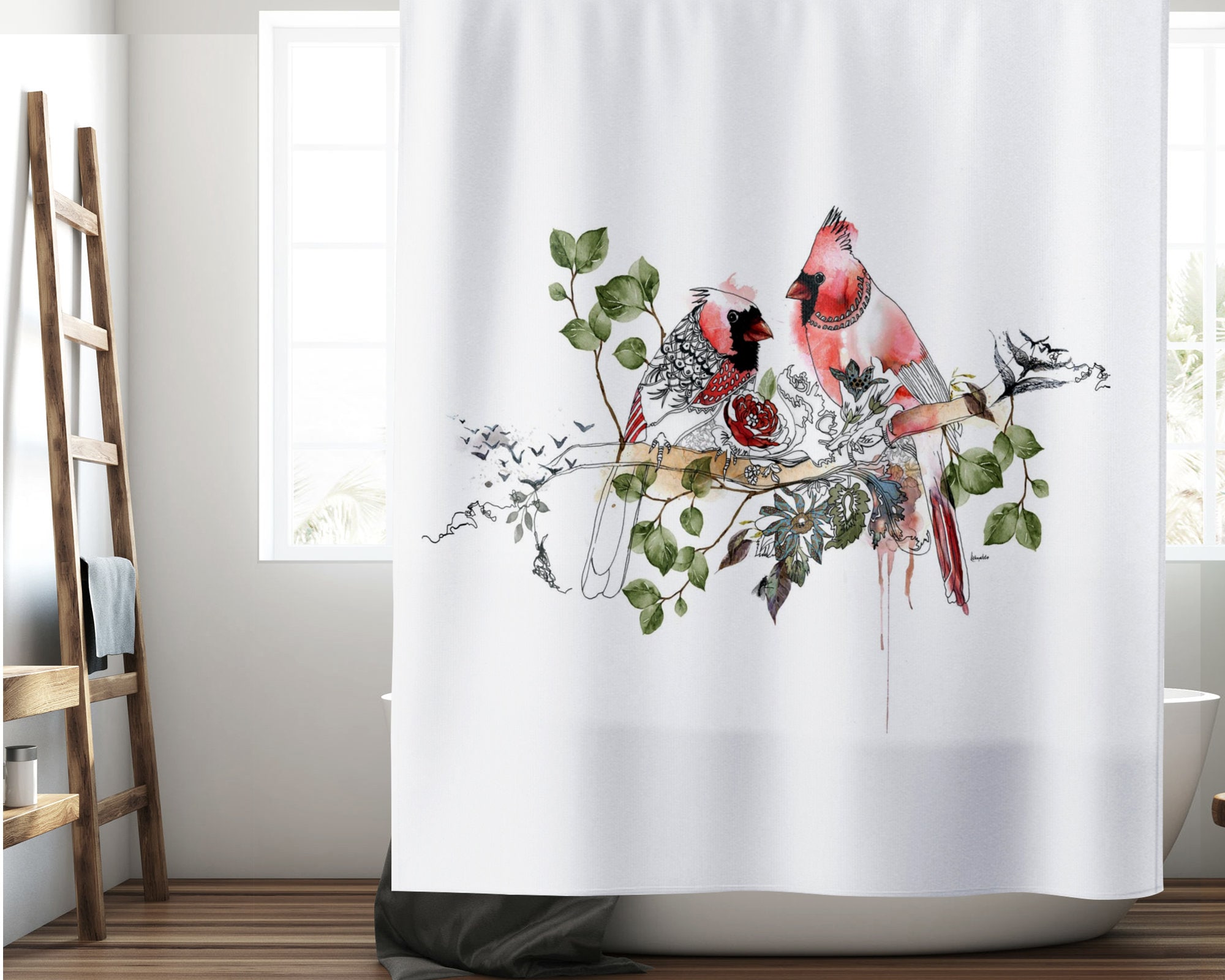 Rustic Cardinals Fabric Shower Curtain For Nature-Themed Bathroom - Image 2