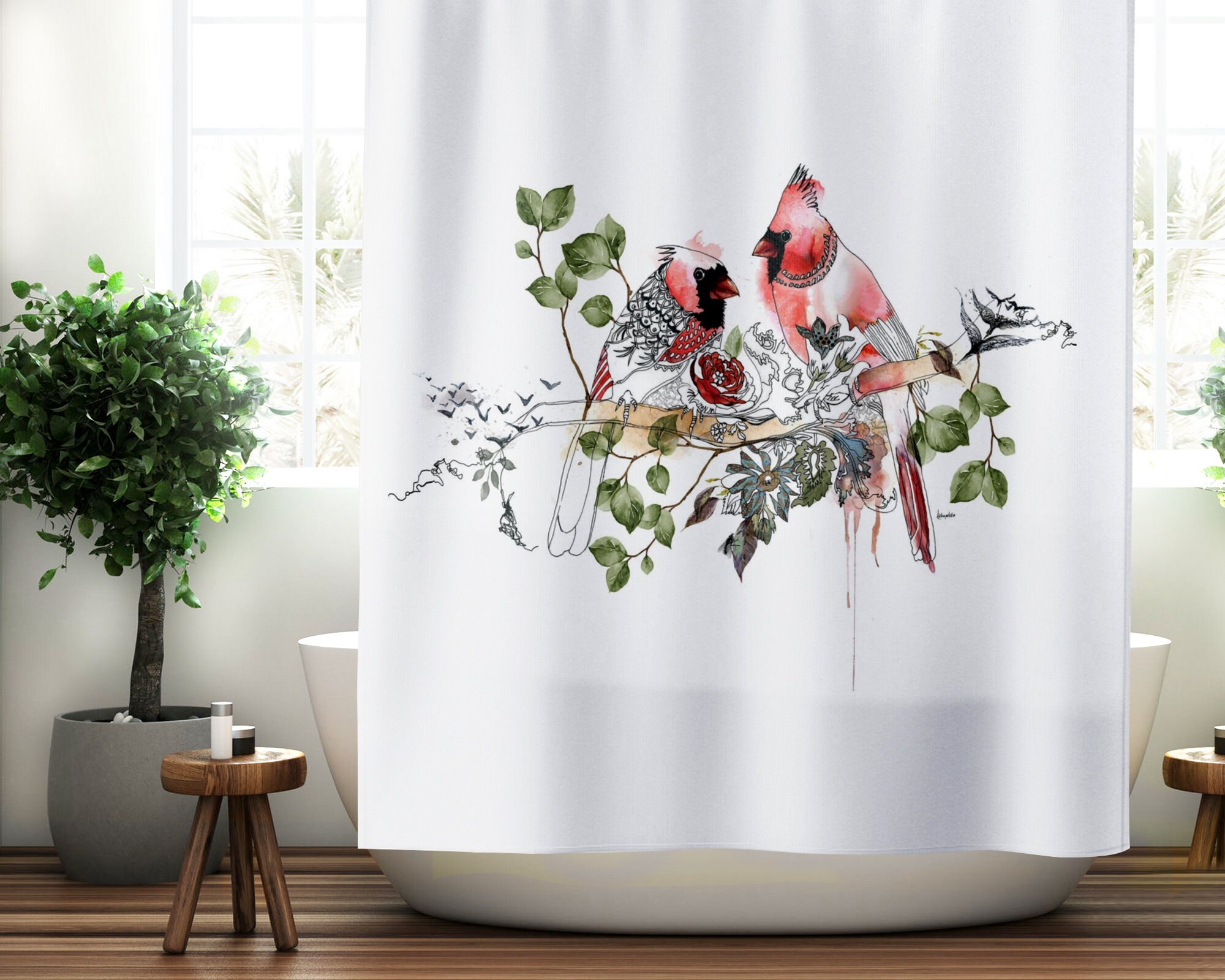 Rustic Cardinals Fabric Shower Curtain For Nature-Themed Bathroom - Image 3