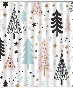 Rustic Cartoon Bathroom Curtains With Pine Tree Forest Winter Holiday Merry Christmas Shower Curtain