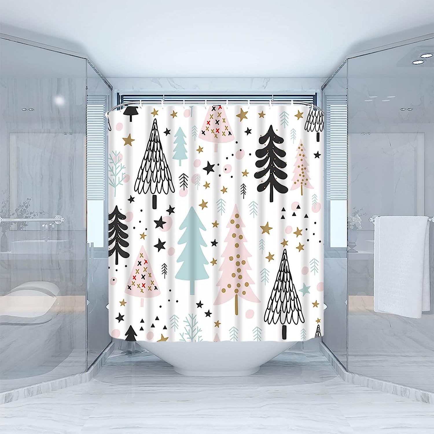Rustic Cartoon Bathroom Curtains With Pine Tree Forest Winter Holiday Merry Christmas Shower Curtain