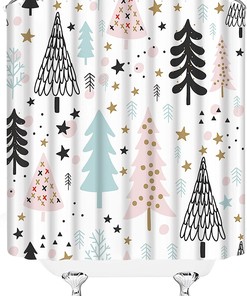 Rustic Cartoon Bathroom Curtains With Pine Tree Forest Winter Holiday Merry Christmas Shower Curtain