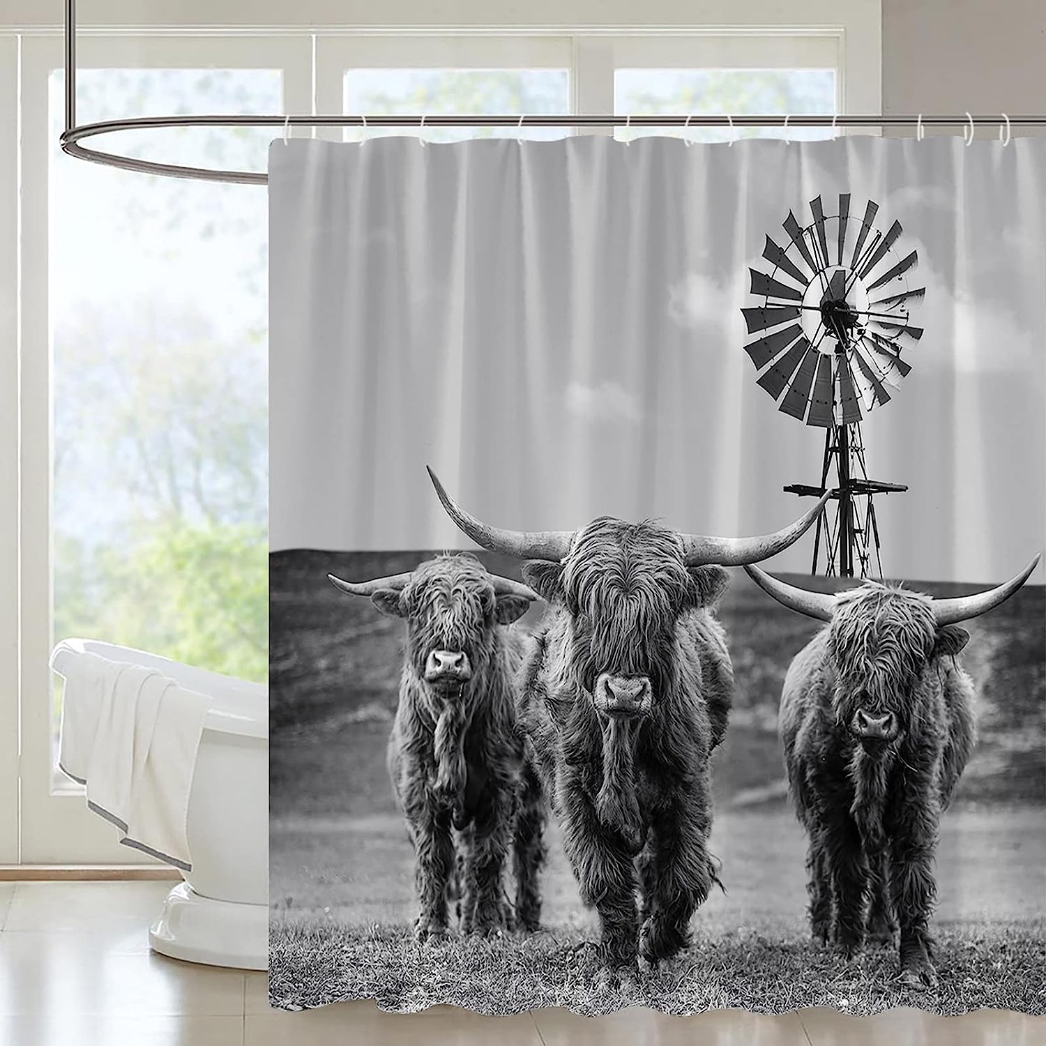 Rustic Cattle Windmill Shower Curtain - Western Farm Animal Bathroom Decor