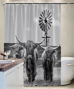 Rustic Cattle Windmill Shower Curtain - Western Farm Animal Bathroom Decor