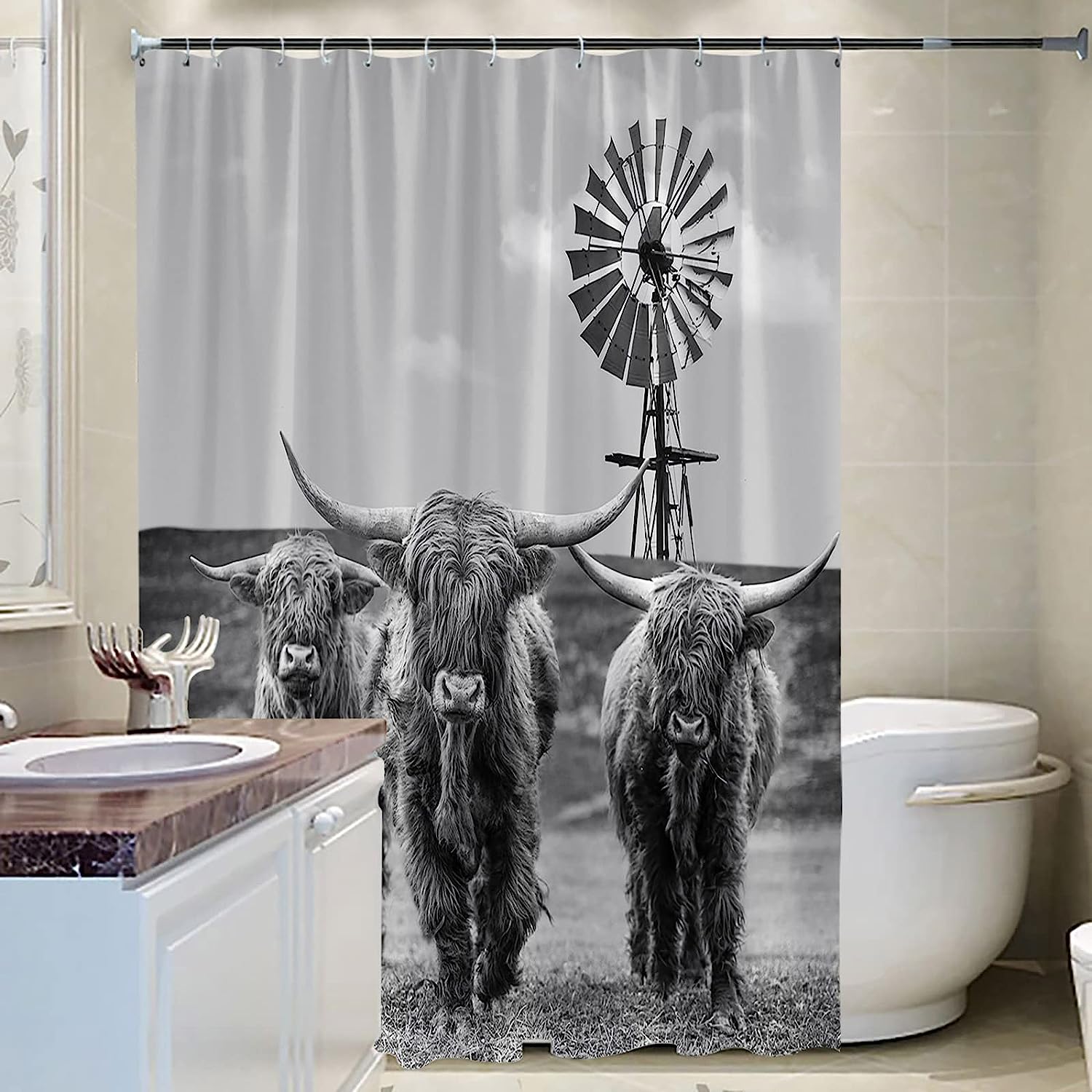 Rustic Cattle Windmill Shower Curtain - Western Farm Animal Bathroom Decor