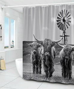 Rustic Cattle Windmill Shower Curtain - Western Farm Animal Bathroom Decor