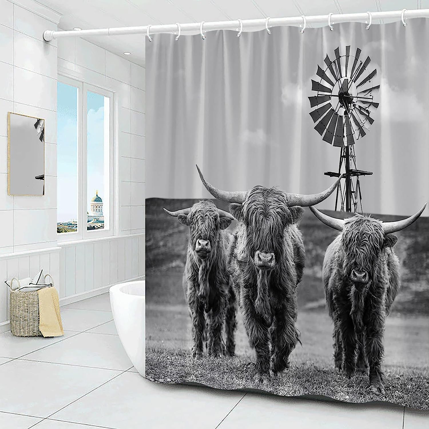 Rustic Cattle Windmill Shower Curtain - Western Farm Animal Bathroom Decor