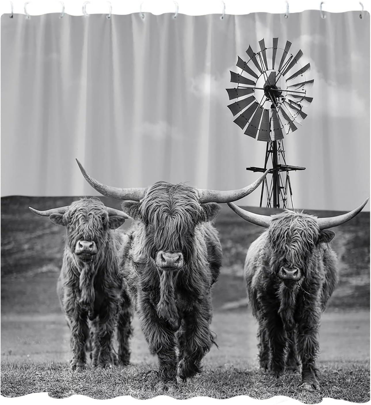 Rustic Cattle Windmill Shower Curtain - Western Farm Animal Bathroom Decor