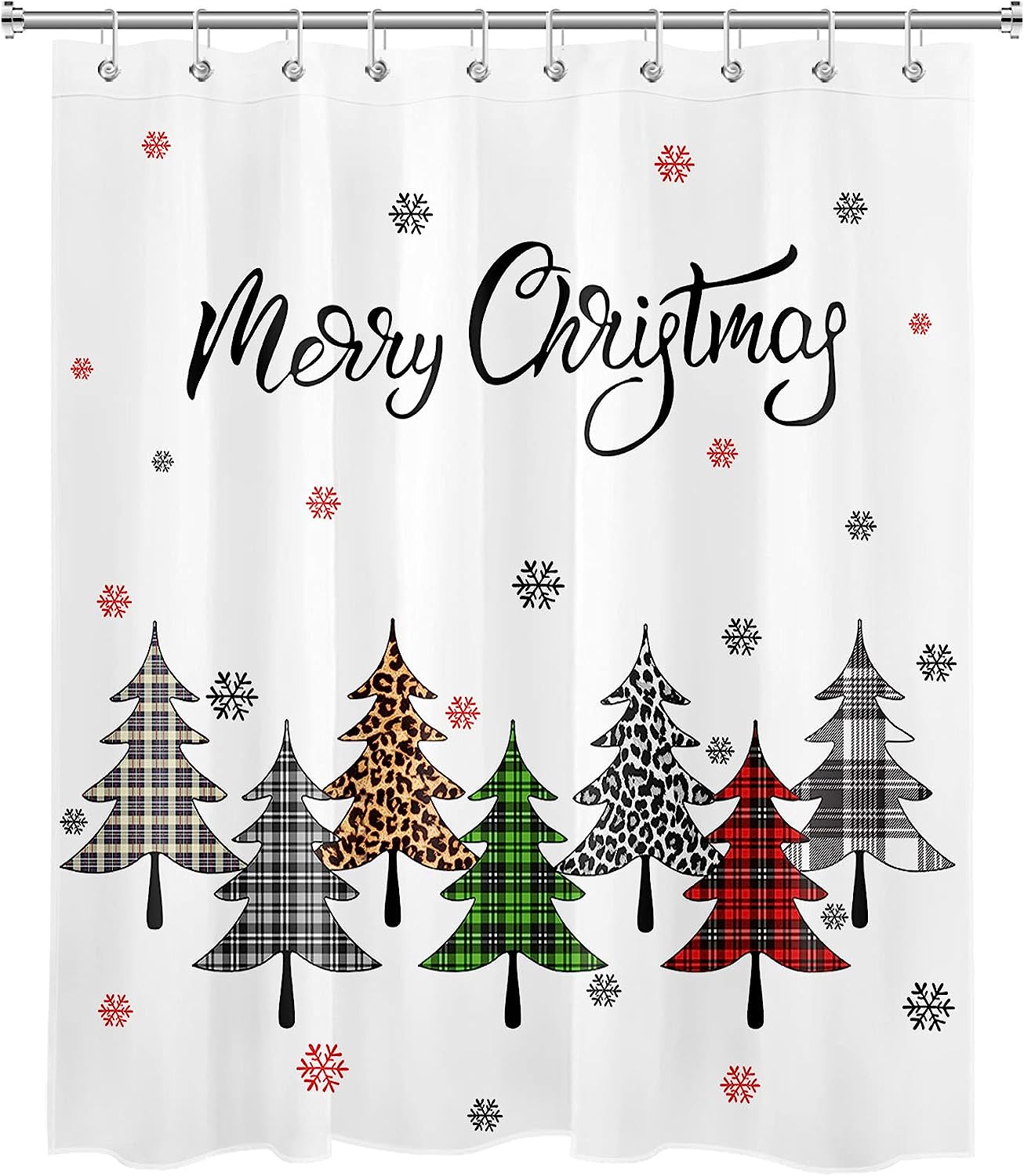 Rustic Checkered Xmas Shower Curtain with Snowflakes and Xmas Tree Bathroom Decor