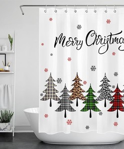 Rustic Checkered Xmas Shower Curtain with Snowflakes and Xmas Tree Bathroom Decor