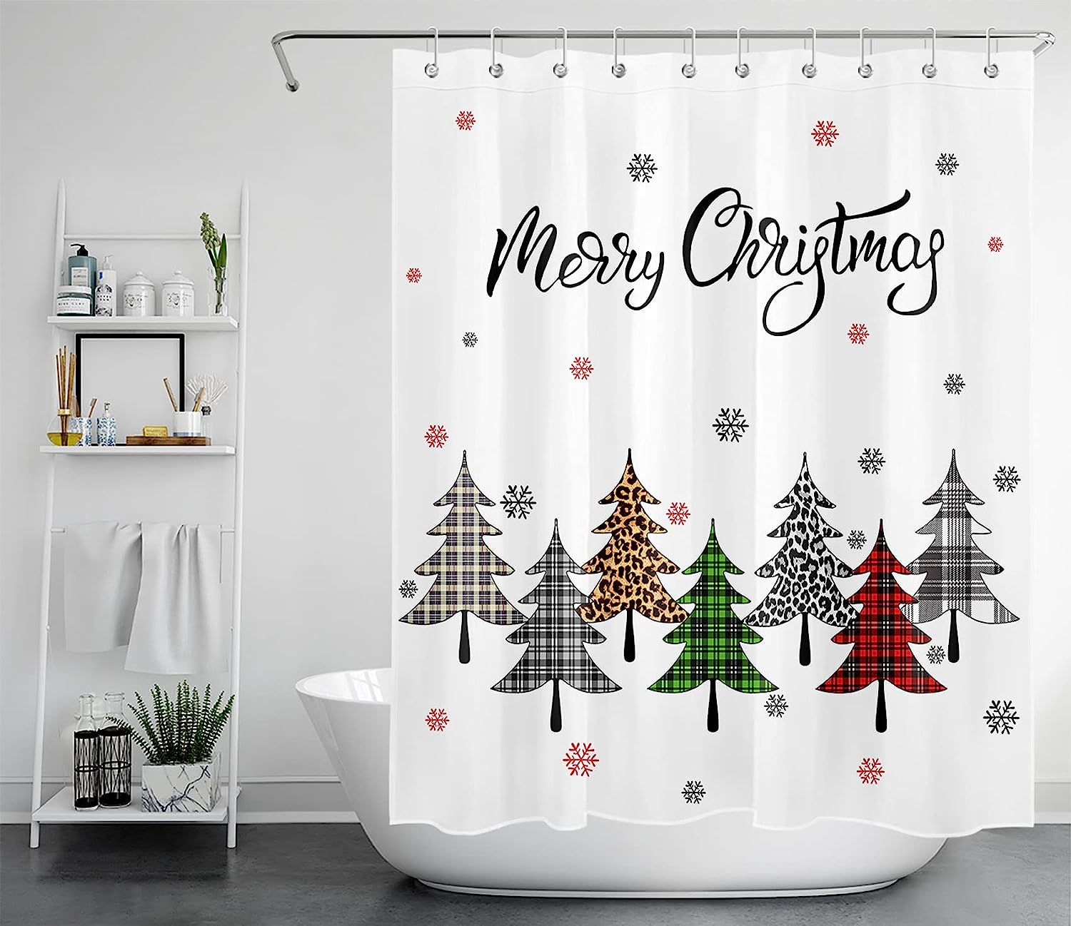 Rustic Checkered Xmas Shower Curtain with Snowflakes and Xmas Tree Bathroom Decor