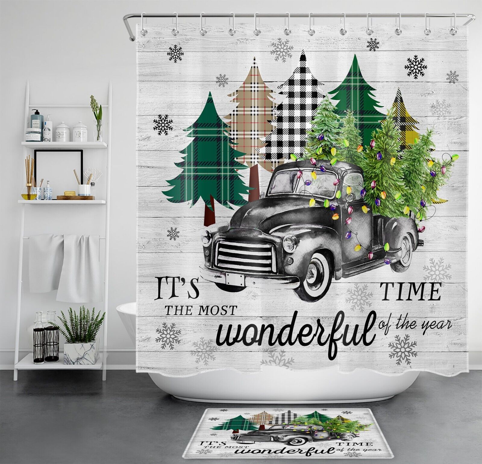 Rustic Christmas Truck with Snowflake and Tree Shower Curtain for Bathroom Decor
