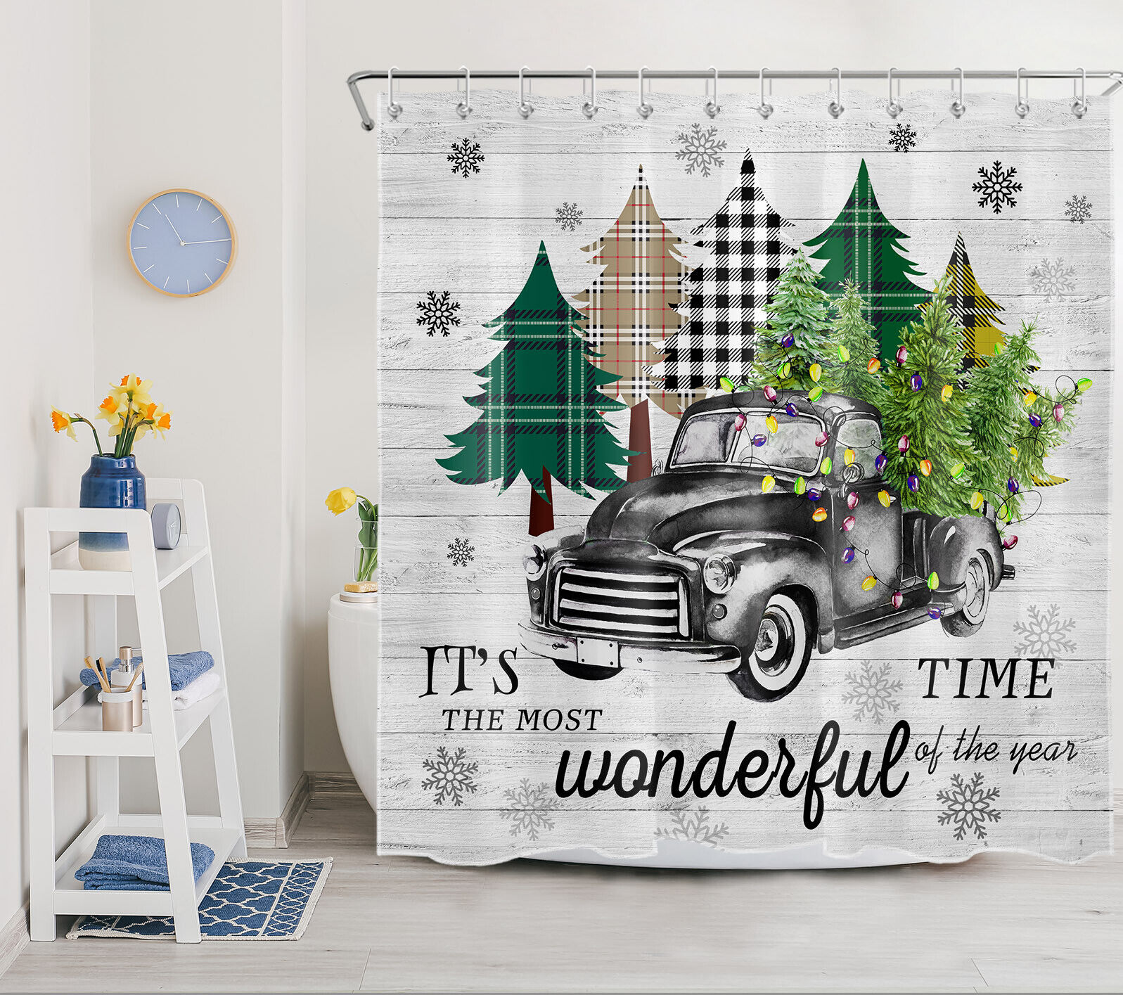 Rustic Christmas Truck with Snowflake and Tree Shower Curtain for Bathroom Decor