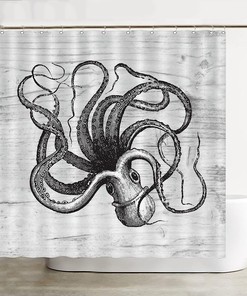 Rustic Coastal Art Shower Curtain with Octopus Design - Waterproof Bathroom Curtain Set
