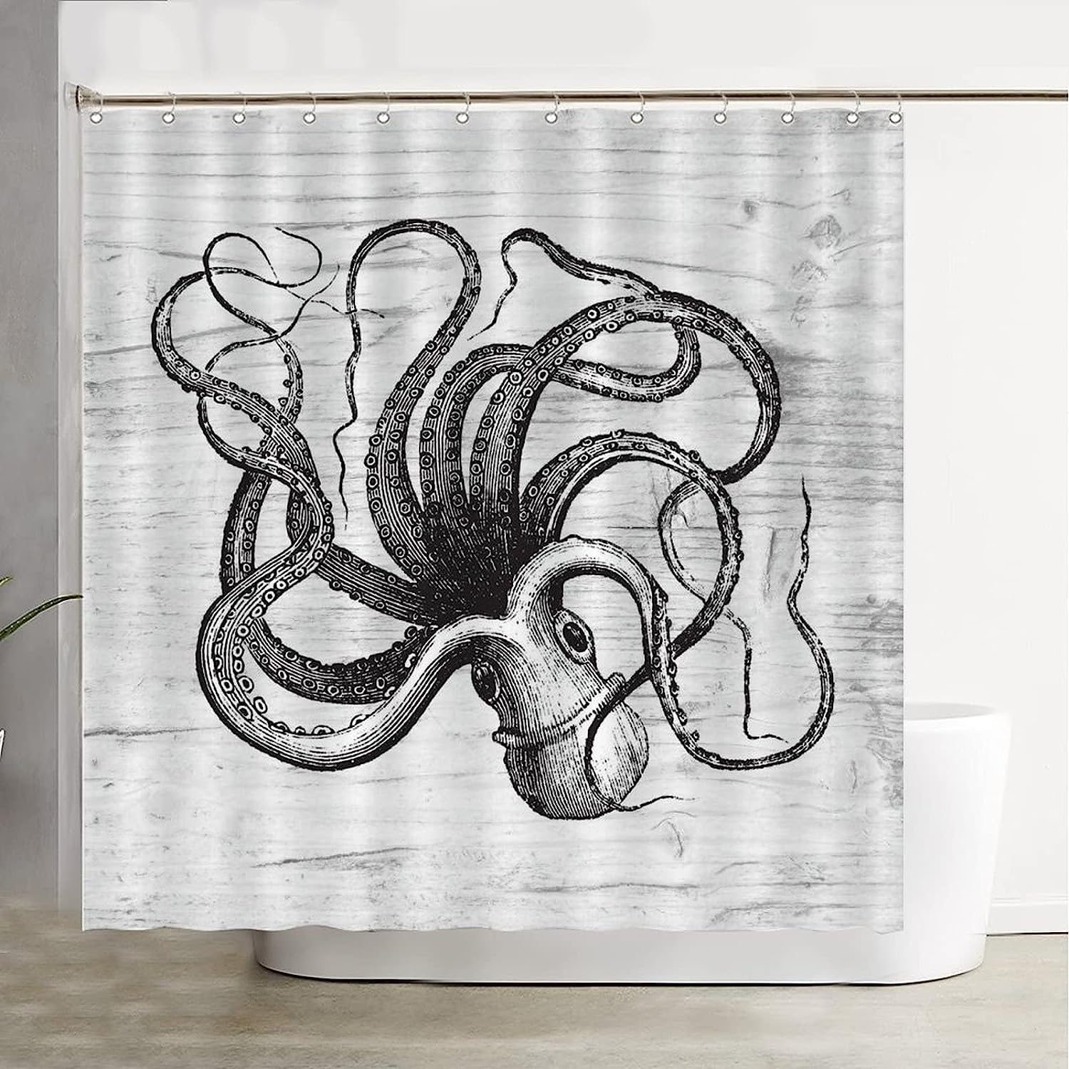 Rustic Coastal Art Shower Curtain with Octopus Design - Waterproof Bathroom Curtain Set