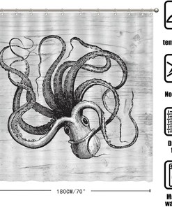 Rustic Coastal Art Shower Curtain with Octopus Design - Waterproof Bathroom Curtain Set