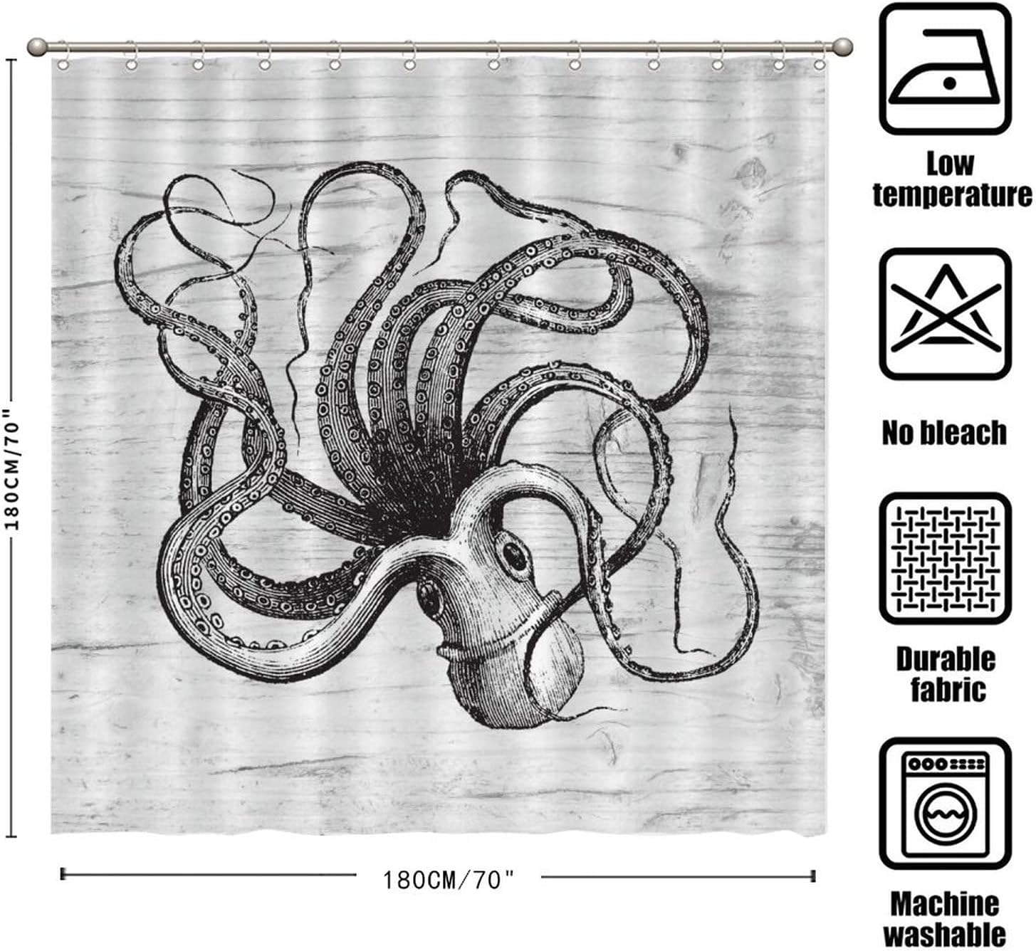Rustic Coastal Art Shower Curtain with Octopus Design - Waterproof Bathroom Curtain Set