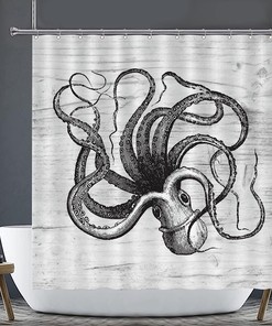 Rustic Coastal Art Shower Curtain with Octopus Design - Waterproof Bathroom Curtain Set