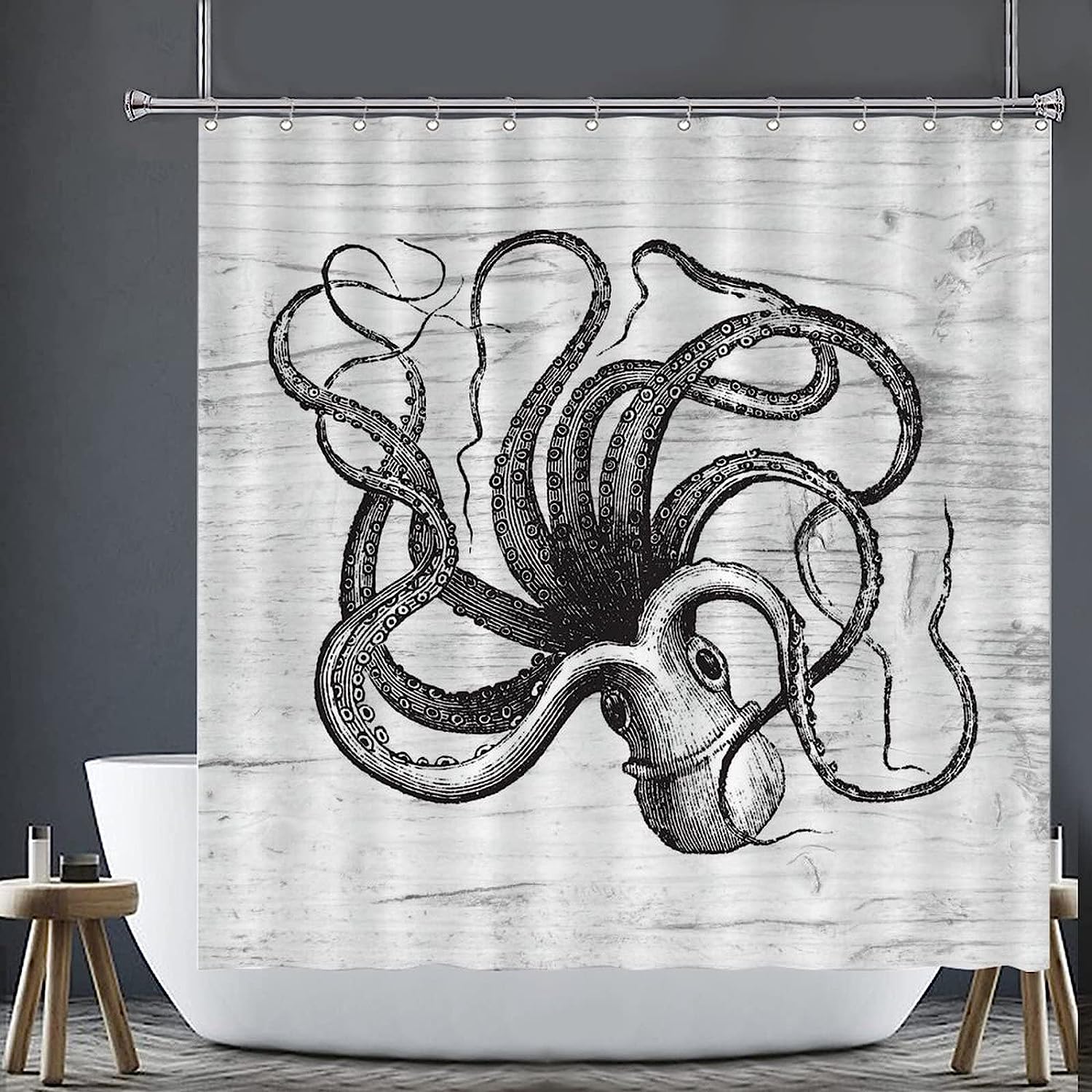 Rustic Coastal Art Shower Curtain with Octopus Design - Waterproof Bathroom Curtain Set