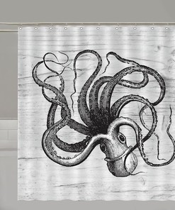 Rustic Coastal Art Shower Curtain with Octopus Design - Waterproof Bathroom Curtain Set