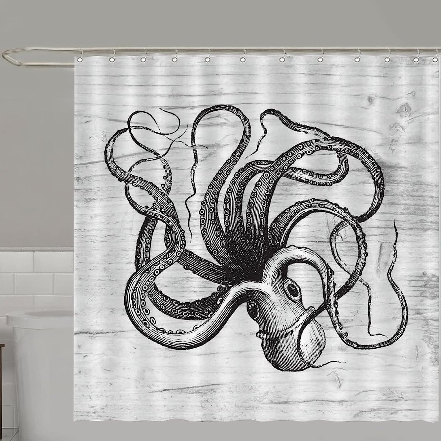 Rustic Coastal Art Shower Curtain with Octopus Design - Waterproof Bathroom Curtain Set