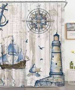 Rustic Compass Anchor Lighthouse Print Shower Curtain for Nautical Bathroom Decor by Riyidecor