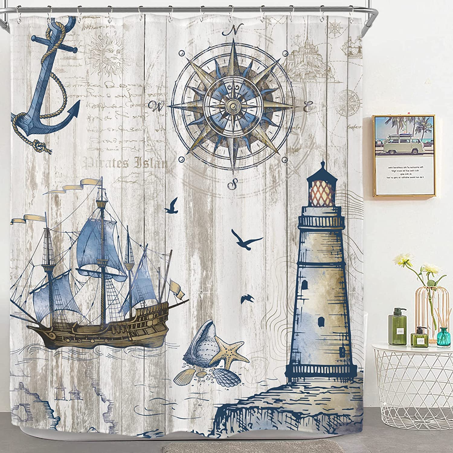 Rustic Compass Anchor Lighthouse Print Shower Curtain for Nautical Bathroom Decor by Riyidecor