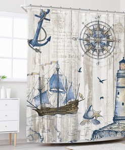 Rustic Compass Anchor Lighthouse Print Shower Curtain for Nautical Bathroom Decor by Riyidecor