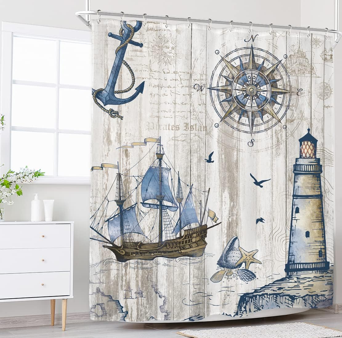 Rustic Compass Anchor Lighthouse Print Shower Curtain for Nautical Bathroom Decor by Riyidecor