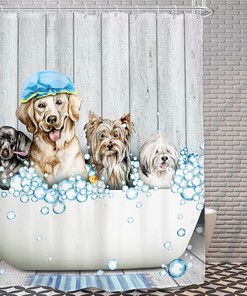 Rustic Country Gray Wooden Plank Artwork Funny Dog Shower Curtain, Naked Cute Animal Bathroom Decor