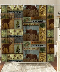Rustic Country Lodge Bear Moose Deer Duck Pine Trees Shower Curtain For Farmhouse Cabin Bathtub Decor