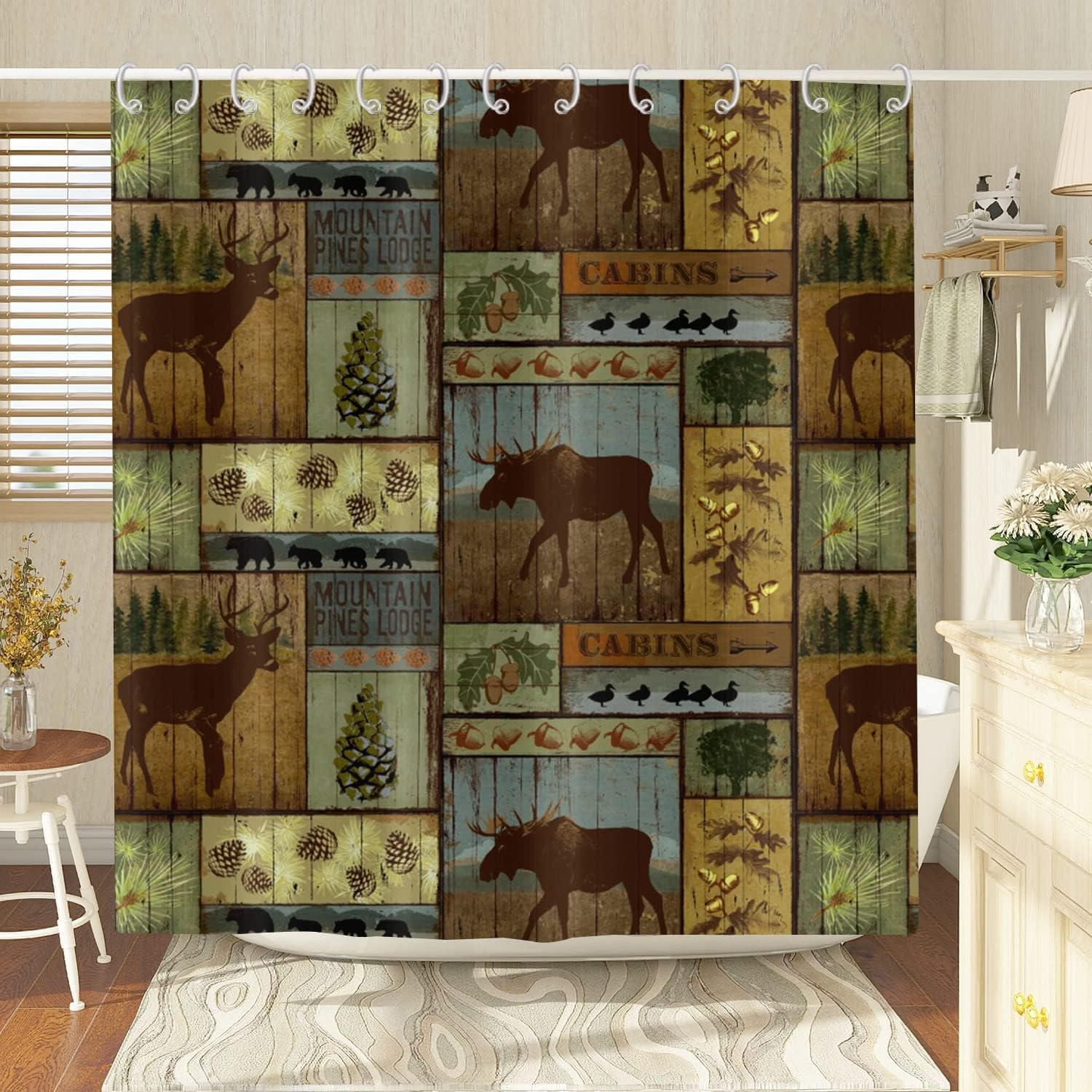 Rustic Country Lodge Bear Moose Deer Duck Pine Trees Shower Curtain For Farmhouse Cabin Bathtub Decor