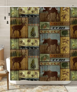 Rustic Country Lodge Bear Moose Deer Duck Pine Trees Shower Curtain For Farmhouse Cabin Bathtub Decor