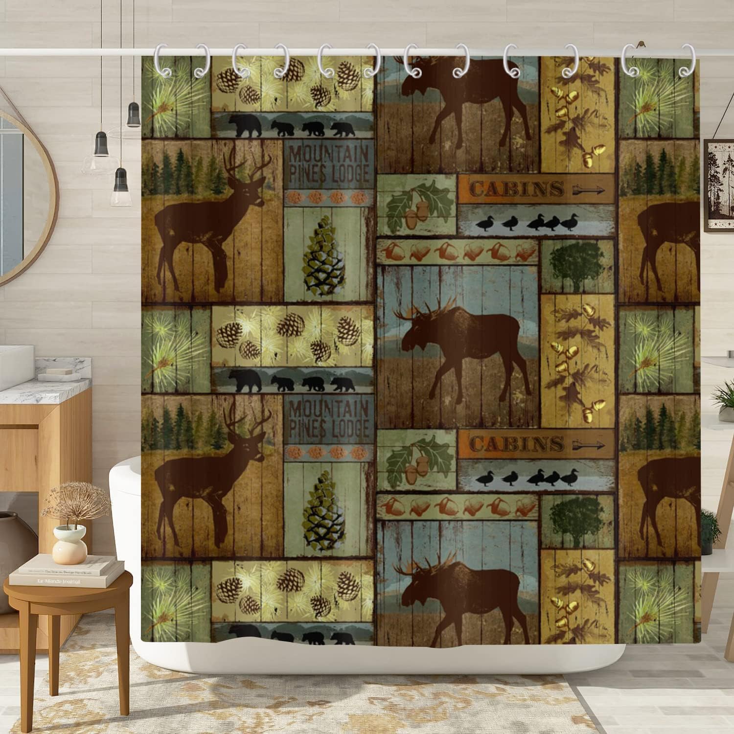 Rustic Country Lodge Bear Moose Deer Duck Pine Trees Shower Curtain For Farmhouse Cabin Bathtub Decor