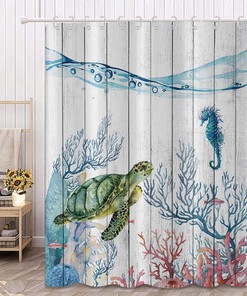 Rustic Country Wood Sea Turtle Shower Curtain With Tropical Fish Coral Seahorse Bathroom Curtain