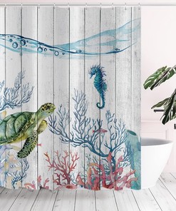 Rustic Country Wood Sea Turtle Shower Curtain With Tropical Fish Coral Seahorse Bathroom Curtain