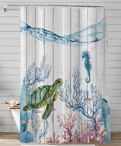 Rustic Country Wood Sea Turtle Shower Curtain With Tropical Fish Coral Seahorse Bathroom Curtain