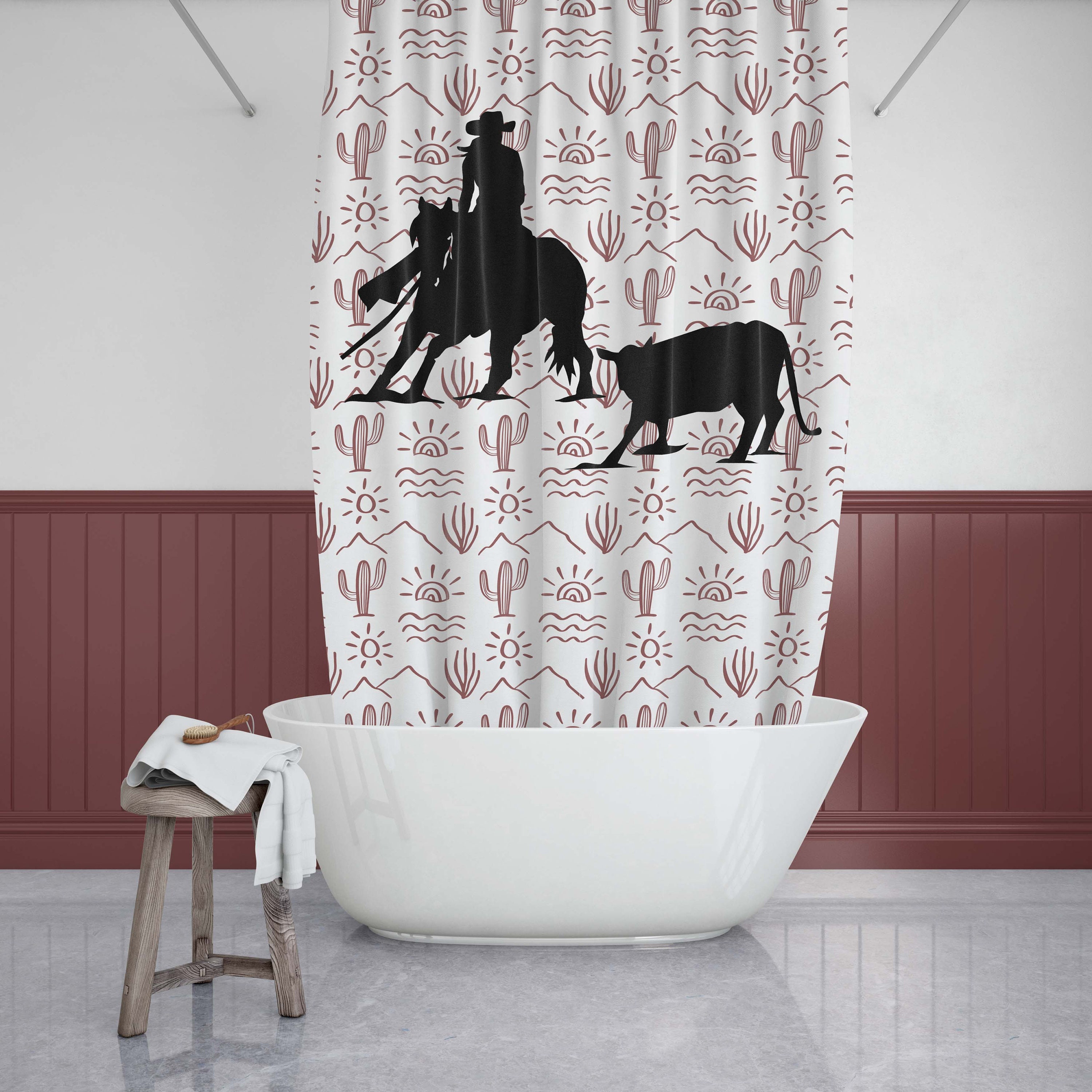 Rustic Cow Cutting And Reining Horse Shower Curtain - Waterproof And Stylish - Image 3