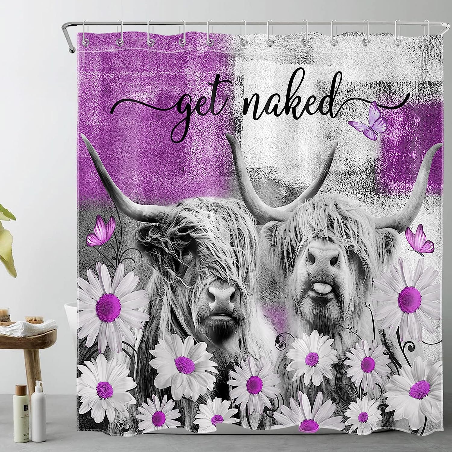 Rustic Cow Shower Curtain - Featuring a Western Animal Bull Print with Rustic Purple Daisy Flower for a Unique Bathroom