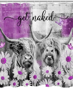 Rustic Cow Shower Curtain - Featuring a Western Animal Bull Print with Rustic Purple Daisy Flower for a Unique Bathroom
