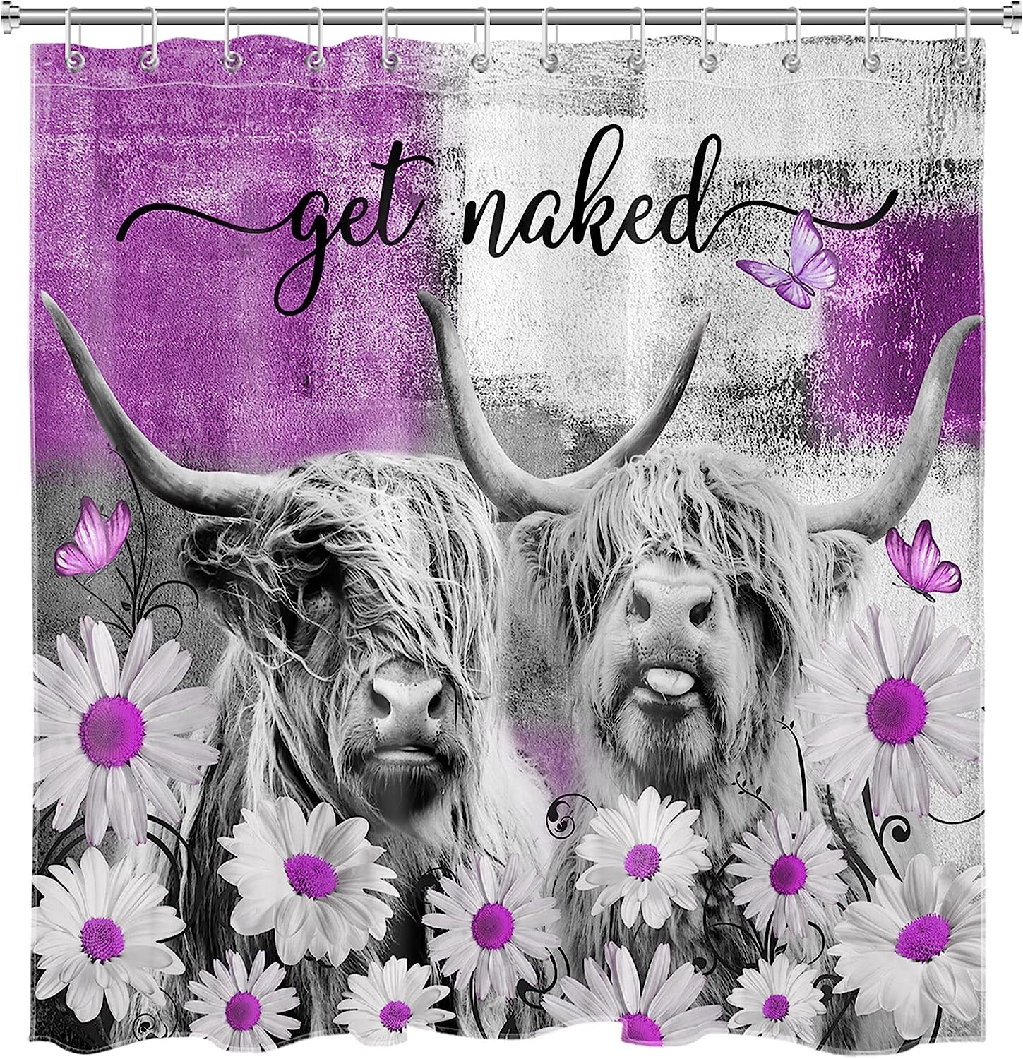 Rustic Cow Shower Curtain - Featuring a Western Animal Bull Print with Rustic Purple Daisy Flower for a Unique Bathroom