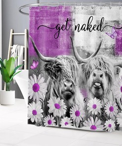 Rustic Cow Shower Curtain - Featuring a Western Animal Bull Print with Rustic Purple Daisy Flower for a Unique Bathroom