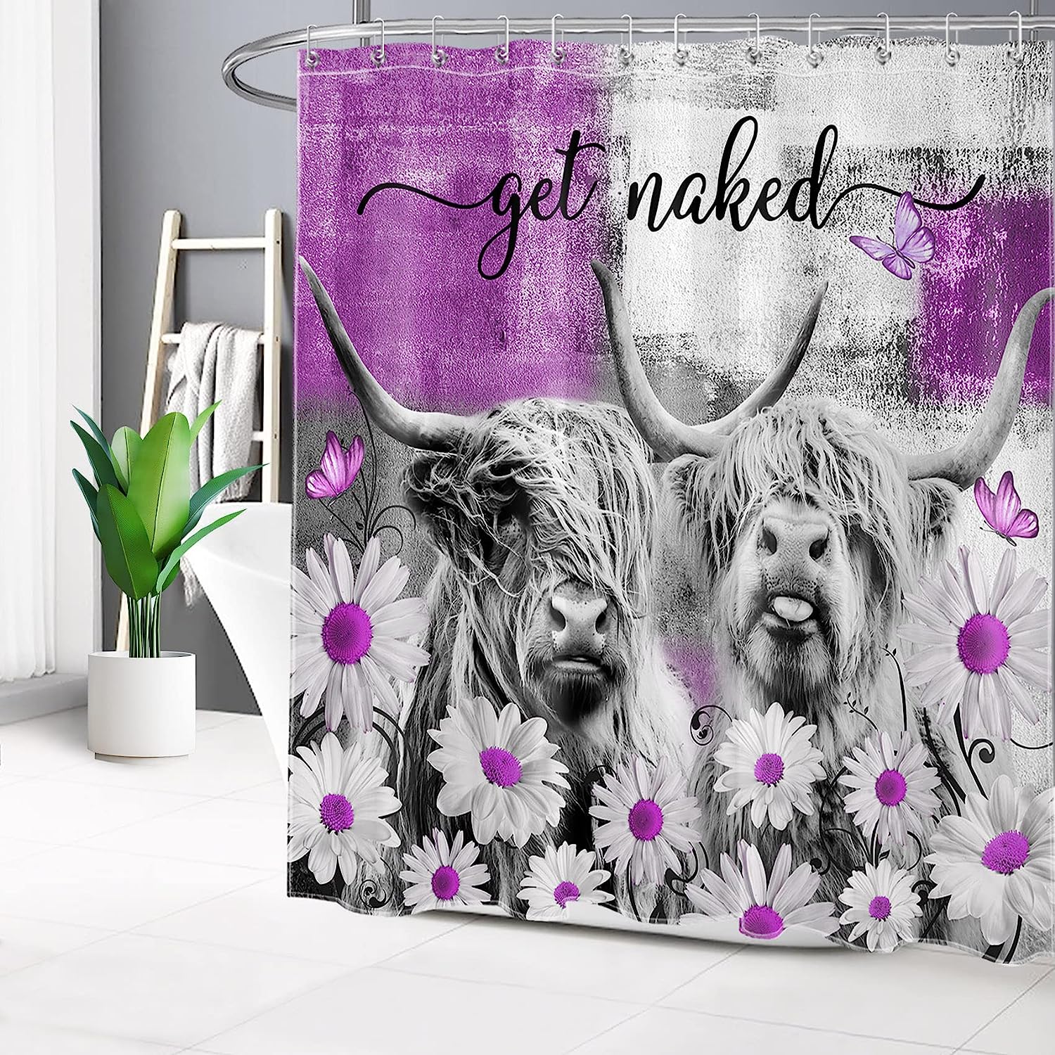Rustic Cow Shower Curtain - Featuring a Western Animal Bull Print with Rustic Purple Daisy Flower for a Unique Bathroom