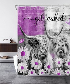Rustic Cow Shower Curtain - Featuring a Western Animal Bull Print with Rustic Purple Daisy Flower for a Unique Bathroom
